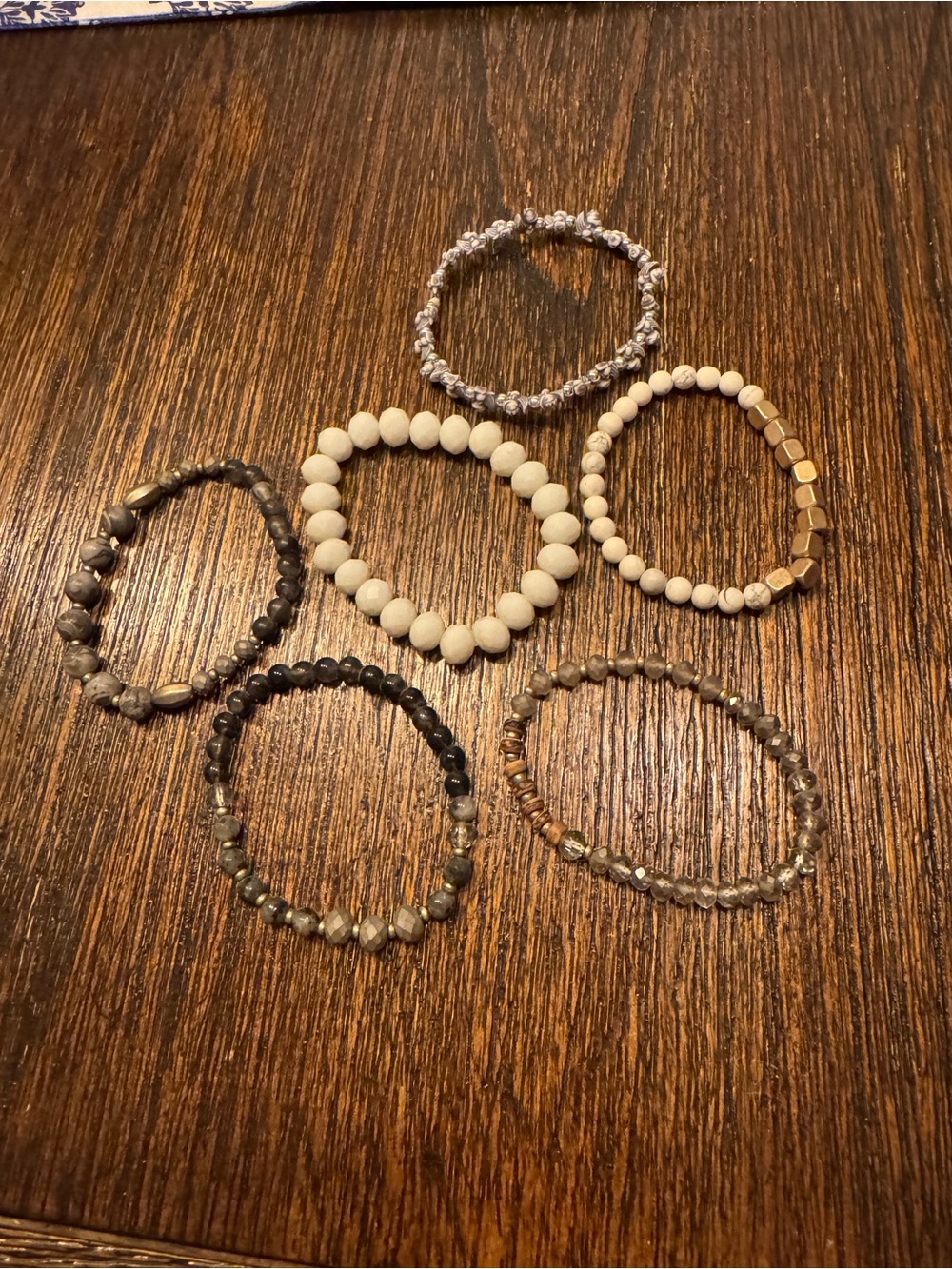 Neutral Bead Stretch Bracelet Set - White, Gray, Gold Tones